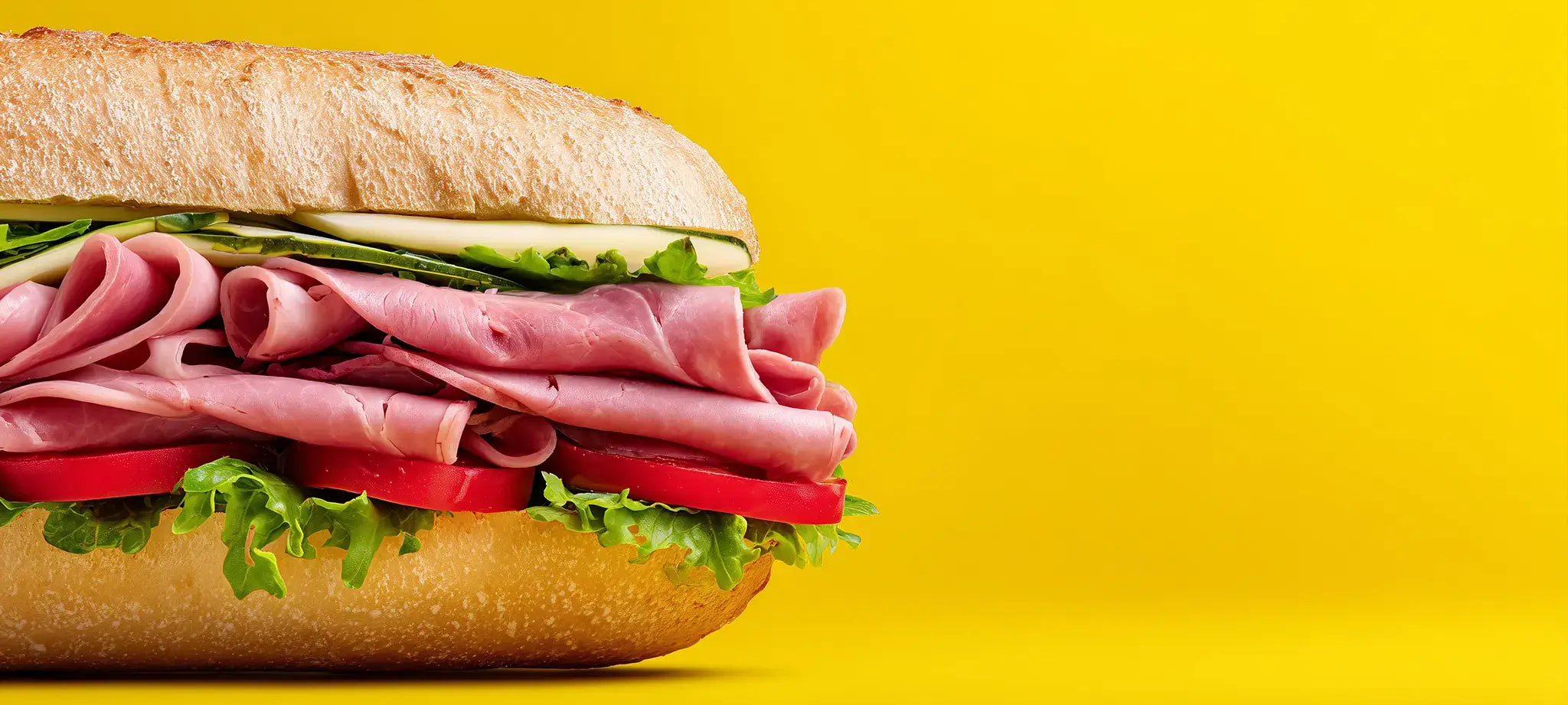 A close-up side view of a large sub sandwich with sliced ham, tomato, lettuce, and white cheese on a bright yellow background.