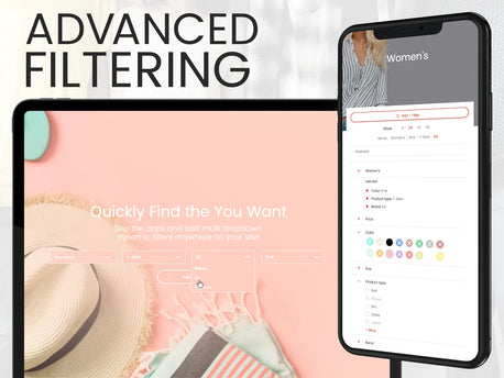 Smartphone and tablet displaying advanced filtering options on a shopping app interface.