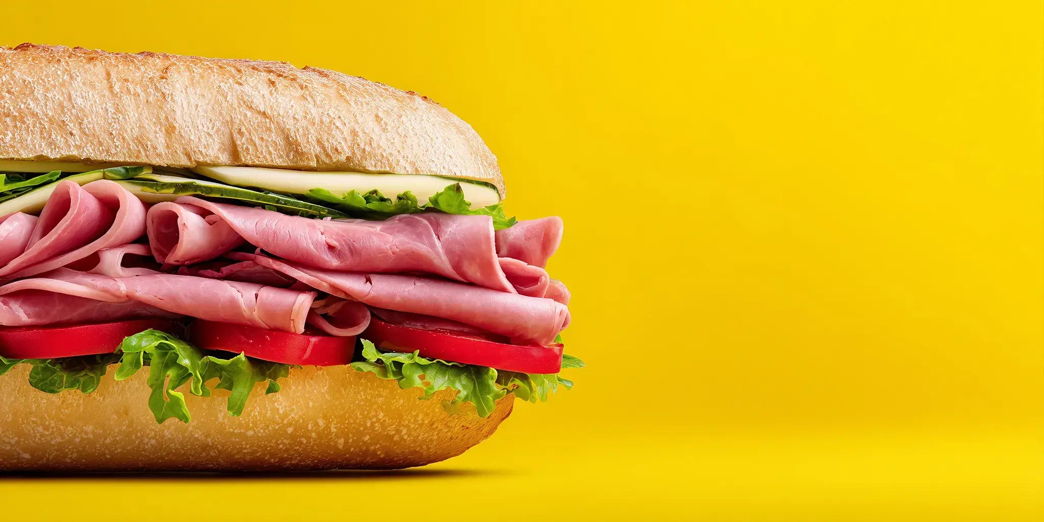 A close-up side view of a large sub sandwich with sliced ham, tomato, lettuce, and white cheese on a bright yellow background.