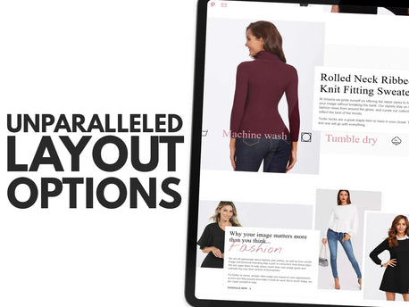 Tablet displaying a fashion website with product images and text on a white background.