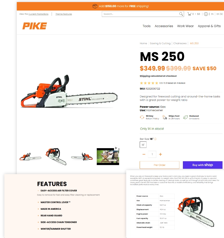 A product listing page for a STIHL MS 250 chainsaw on the Pike website, showing the chainsaw, pricing, features, and a small inset photo. The product is orange and black, and the page includes a white and orange website layout.