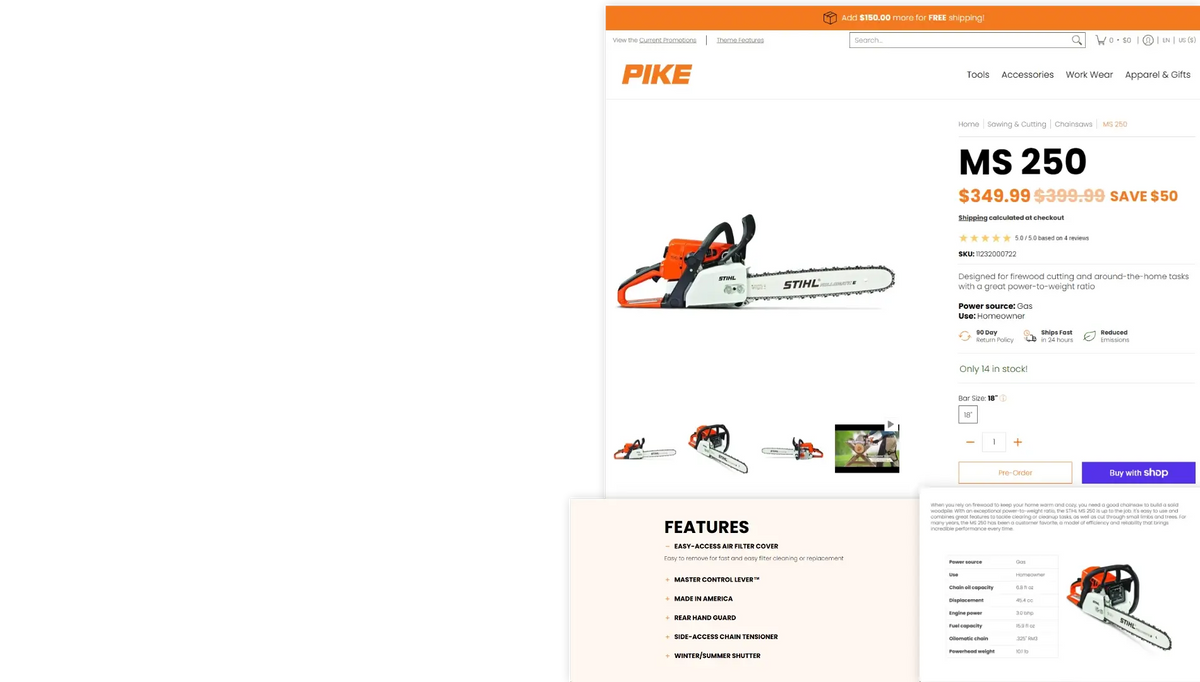 A screenshot of a retail website showing a chainsaw product page. The page header has an orange banner, and the main product image displays a STIHL MS 250 chainsaw.