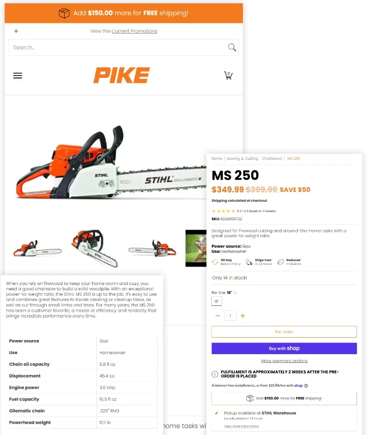 A promotional collage showing a Stihl MS 250 chainsaw, product specs, pricing, and a Shopify checkout interface on a white background.