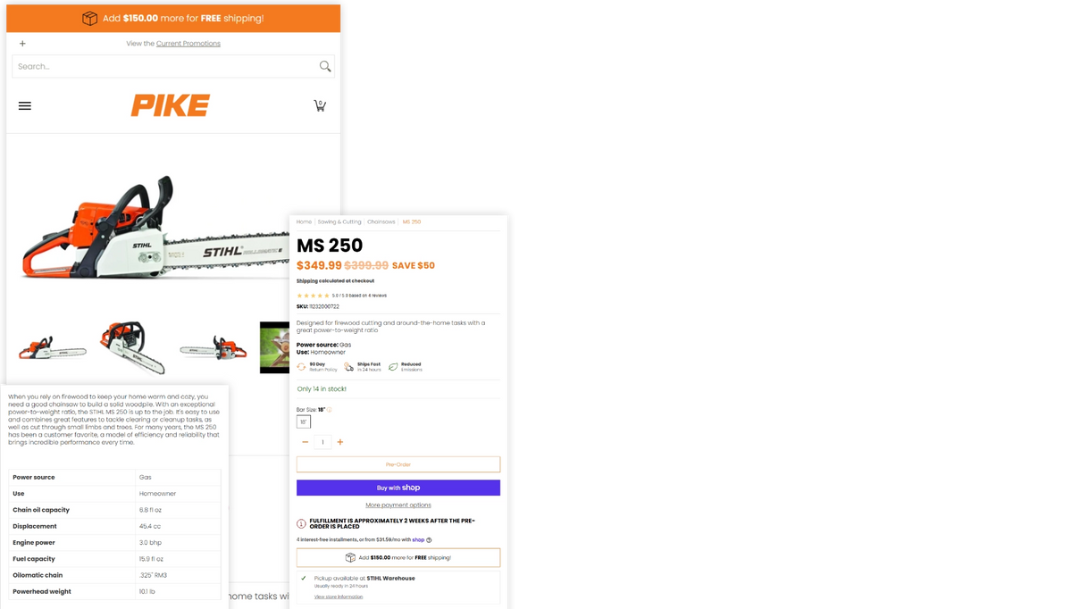 A screenshot of a retail website showing a chainsaw product page with the orange and white STIHL MS 250 branding, product images, and shopping cart interface elements on a mostly white page.