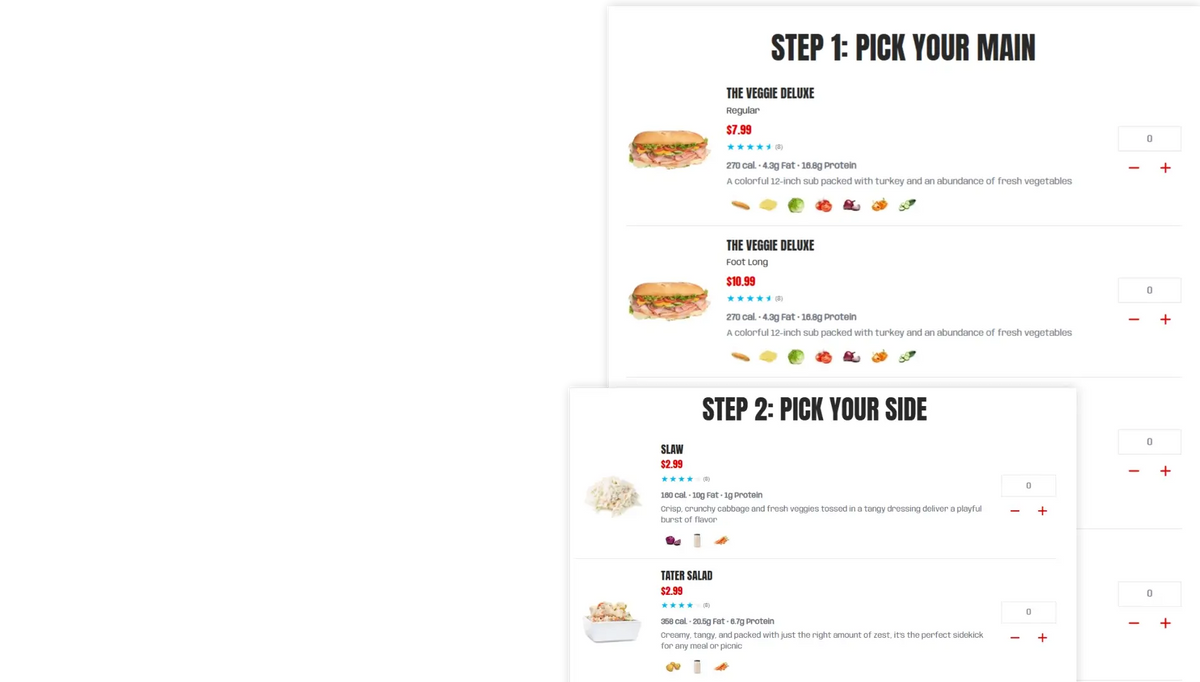 A digital mockup showing two white ordering cards with food options, labeled 'STEP 1: PICK YOUR MAIN' and 'STEP 2: PICK YOUR SIDE', on a light gray background.