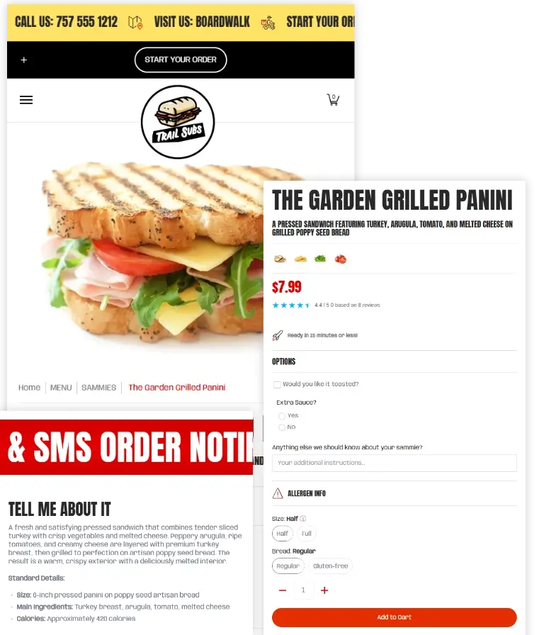 A screenshot of a restaurant website showing a large promotional banner for 'The Garden Grilled Panini' with a close-up photo of a panini sandwich, menu items, pricing, and an ordering form. A large red text overlay reading '&amp; SMS ORDER NOTIF' is superimposed across the center.