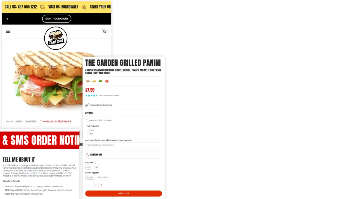 A screenshot of an online restaurant menu page for 'The Garden Grilled Panini' showing a photo of a panini sandwich, menu items, pricing, and an SMS order form on a white webpage layout.